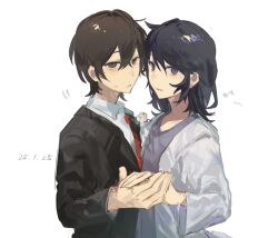 Rule 34 | 1boy, 1girl, black eyes, black hair, black jacket, chinese commentary, commentary request, dated, grey jacket, hair between eyes, highres, holding hands, jabuchi you, jacket, long sleeves, medium hair, musical note, necktie, open clothes, open jacket, open mouth, purple sweater, red necktie, saibou shinkyoku, short hair, simple background, smile, sweat, sweater, upper body, white background, xin yu lun, yanagi nina