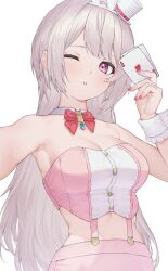 Rule 34 | 1girl, ;o, absurdres, amatou (ko me 9), animal ear hairband, animal ears, bare shoulders, bow, bowtie, breasts, card, collar, commentary request, fake animal ears, hairband, hat, highres, holding, holding card, large breasts, long hair, looking at viewer, mini hat, nijisanji, one eye closed, pink eyes, pink hair, pink shirt, pink skirt, playing card, rabbit ear hairband, rabbit ears, red bow, red bowtie, red nails, shiina yuika, shiina yuika (12th costume), shirt, simple background, skirt, solo, strapless, strapless shirt, suspenders, tube top, two-tone shirt, very long hair, virtual youtuber, white background, white collar, white hat, white shirt, white wrist cuffs, wrist cuffs