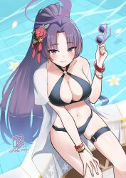 1girl absurdres bikini blue_archive breasts eyeshadow fang halo highres makeup navel o-ring o-ring_bikini official_alternate_costume purple_halo red_eyeshadow skin_fang solo swimsuit tohka_10days yukari_(blue_archive) yukari_(swimsuit)_(blue_archive)