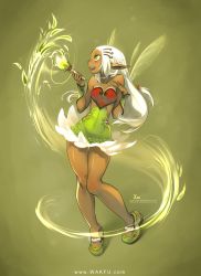 Rule 34 | 1girl, :d, ankama, artist name, bare shoulders, braid, choker, cuffs, dark-skinned female, dark skin, eniripsa, eniripsa f, female focus, fllay, green eyes, hair ornament, knees together feet apart, long hair, open mouth, paintbrush, pointy ears, smile, solo, standing, wakfu, watermark, web address, white hair, xaxaxa