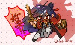 1boy ahoge artist_name bamboo_slips bandaged_leg bandages black_hair black_pants black_shoes blood bloody_weapon chibi chibi_only chinese_commentary chinese_text coat coin coin_mask coin_on_string coin_sword colored_speech_bubble dao_gui_yi_xian full_body grey_hanfu hair_between_eyes hair_bun hair_ribbon half_updo highres holding holding_scroll holding_sword holding_weapon holed_coin kdsne li_huowang long_hair looking_at_viewer male_focus mask mouth_veil open_clothes open_coat pants polka_dot polka_dot_background red_coat red_eyes red_ribbon ribbon scroll shadow shoes single_hair_bun solo speech_bubble sword veil weapon