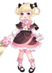 1girl aged_down black_capelet blonde_hair braid braided_hair_rings braided_twintails capelet child elise_(fire_emblem) elise_(sparkling_smile)_(fire_emblem) ell_0314 fire_emblem fire_emblem_fates fire_emblem_heroes flower hair_rings highres holding holding_staff nintendo purple_eyes rose solo staff white_flower white_rose