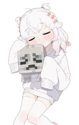 1girl :3 ahoge blush closed_eyes creature creature_and_personification ghast ghost hair_ornament hairclip happy_ghast hug long_hair long_sleeves minecraft oversized_clothes oversized_shirt personification pink_shoes possummachine shirt shoes short_twintails sleeves_past_wrists smile standing thighhighs twintails white_background white_shirt white_thighhighs