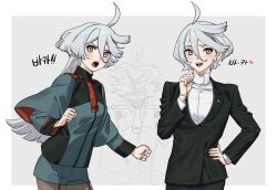 3girls ahoge asticassia_school_uniform baesong black_jacket black_pantyhose blush commentary earrings green_jacket green_shorts grey_background grey_eyes gundam gundam_suisei_no_majo hand_on_own_hip jacket jewelry korean_commentary korean_text long_sleeves miorine_rembran motion_blur multiple_girls necktie open_mouth pantyhose school_uniform shirt shorts simple_background smile stud_earrings suletta_mercury the_weaker_sex_1_(gibson) translation_request white_shirt