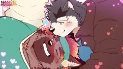 2boys animal_ear_fluff animal_ears another_eidos-r artist_name bara black_fur black_jacket blue_shirt brown_fur chabeau_(another_eidos) closed_mouth commentary dog_boy dog_ears dog_nose english_commentary equinoxreverie furry furry_male green_sweater grin heart highres hyena_boy hyena_ears jacket looking_at_another lyon_(another_eidos) male_focus multiple_boys one_eye_closed plump shirt smile sweater yaoi
