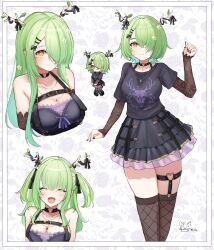 1girl ^_^ absurdres alternate_hair_length alternate_hairstyle bare_shoulders black_choker black_dress black_nails black_ribbon black_shirt black_skirt black_thighhighs blush ceres_fauna ceres_fauna_(goth) chibi choker closed_eyes closed_mouth collarbone commentary dress english_commentary fingernails fishnet_thighhighs fishnets floral_background flower frilled_skirt frills goth_fashion green_eyes green_hair hair_branch hair_flower hair_ornament hair_over_one_eye hair_ribbon hand_up heart heart_choker heart_o-ring highres hololive hololive_english lace-trimmed_sleeves lace_trim layered_skirt long_hair long_sleeves looking_at_viewer multiple_views nail_polish o-ring o-ring_thigh_strap official_alternate_costume official_alternate_hairstyle open_mouth psypolo_d ribbon shirt short_hair skirt smile thigh_strap thighhighs two_side_up upper_body virtual_youtuber white_background zettai_ryouiki