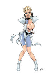Rule 34 | absurdres, blonde hair, blue eyes, bow, breasts, choker, climax entertainment, dark savior, flashing, gloves, hair bow, highres, kay (dark savior), ninja, nipples, shoulder pads, spandex, spiked hair, tongue