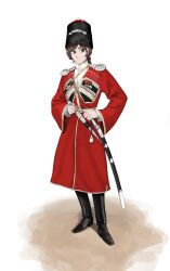 1girl baldric belt belt_buckle black_boots boots braid brown_eyes brown_hair buckle cherkeska coat cossack cyrillic dagger epaulettes full_body fur_hat gazyr hat high_collar highres holding holding_dagger holding_knife holding_sword holding_weapon insignia katyusha_(98269886) kindjal knife leather leather_boots long_sleeves looking_at_viewer medal medium_hair military military_uniform original papakha red_coat ribbon_of_saint_george russian_text scabbard shadow shashka sheath shirt smile solo standing sword sword_knot tassel weapon white_background white_epaulettes white_shirt wide_sleeves