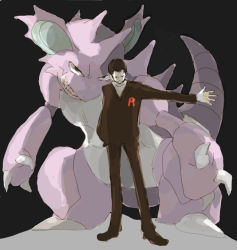 1boy black_hair formal_clothes gen_1_pokemon giovanni_(pokemon) male_focus nidoking nintendo painting_(medium) pokemon pokemon_(creature) suit team_rocket traditional_media watercolor_(medium)