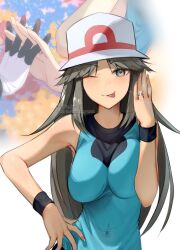 2girls ;p ariekochan black_gloves blue_shirt breasts brown_eyes brown_hair commentary covered_navel english_commentary flower gloves hand_on_own_hip hat highres interlocked_fingers jewelry large_breasts leaf_(pokemon) long_hair looking_at_viewer may_(pokemon) multiple_girls nintendo one_eye_closed pokemon pokemon_frlg pokemon_rse ring shirt sleeveless sleeveless_shirt solo_focus tongue tongue_out twitter_username two-tone_gloves upper_body white_gloves white_hat wristband yuri