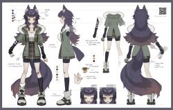 1girl artist_name asymmetrical_legwear bags_under_eyes bandaid bandaid_on_knee bandaid_on_leg bike_shorts_under_skirt black_shirt black_socks can cigarette color_guide commentary commission drawstring drink_can energy_drink english_commentary english_text from_side full_body fur-trimmed_jacket fur_trim gike green_jacket green_skirt highres holding holding_cigarette hood hood_down hooded_jacket jacket long_sleeves mismatched_legwear multiple_views okai_yuda original plaid_clothes plaid_skirt pleated_skirt profile purple_hair qr_code reference_sheet shirt shoes sidelocks skirt smoke socks soda_can standing tail vgen_commission white_shoes white_socks wolf_girl wolf_tail yellow_eyes