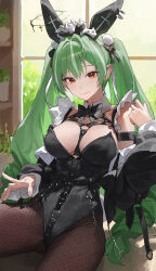 1girl absurdres animal_ears belt black_belt black_bow black_bowtie black_leotard blush bow bowtie breasts cleavage commentary_request detached_collar fake_animal_ears fake_tail fishnet_pantyhose fishnets green_hair hair_ornament halo highleg highleg_leotard highres indoors korean_commentary large_breasts leotard long_hair long_sleeves looking_at_viewer mac_star o-ring o-ring_belt original pantyhose playboy_bunny rabbit_ears rabbit_tail red_eyes sitting smile solo strapless strapless_leotard tail traditional_bowtie twintails very_long_hair window