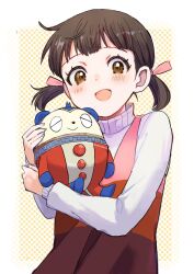 1girl blunt_bangs blush border bow brown_eyes brown_hair child doujima_nanako dress hair_bow highres holding kanna_nijiniji kuma_(persona_4) long_sleeves looking_at_viewer medium_hair multicolored_dress open_mouth persona persona_4 pink_bow pink_dress polka_dot polka_dot_background sweater turtleneck turtleneck_sweater twintails upper_body white_border white_sweater