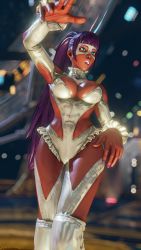 1girl 3d absurdres alternate_costume alternate_hair_length alternate_hairstyle ancient_egyptian artist_request breasts cleavage cleavage_cutout clothing_cutout cosplay curvy dark-skinned_female dark_skin female_focus highleg highleg_leotard highres leotard lips long_hair looking_to_the_side menat open_mouth ponytail purple_hair rainbow_mika_(cosplay) revealing_clothes ryona screencap shiny_skin smile solo street_fighter street_fighter_v thong_leotard wide_hips
