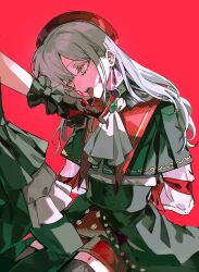 Rule 34 | 2girls, absurdres, ascot, bang dream!, bang dream! it&#039;s mygo!!!!!, black gloves, black thighhighs, blood, bruise, capelet, character request, gloves, green capelet, green hair, hat, highres, injury, jewelry, long hair, looking at another, mortis (bang dream!), mortis (costume) (bang dream!), multiple girls, open mouth, red background, red hat, red shorts, saliva, shirt, shorts, simple background, sitting, skirt, solo focus, teeth, thighhighs, tokinhr, upper teeth only, wakaba mutsumi, white ascot, white shirt, yellow eyes
