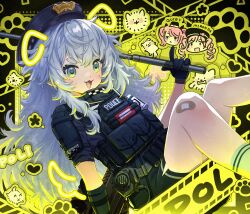 Rule 34 | 3girls, 5kakuten, :3, absurdres, ammunition belt, ammunition pouch, asymmetrical gloves, bandaid, bandaid on knee, bandaid on leg, baton (weapon), blue eyes, blue gloves, bulletproof vest, caution tape, character name, dog, drawn ears, dress, dutch angle, elbow gloves, gloves, goddess of victory: nikke, green eyes, gun, hat, highres, holding, holding baton (weapon), long hair, looking at viewer, messy hair, miranda (nikke), multiple girls, open mouth, paw print, pink eyes, pink hair, poli (nikke), police, police hat, police uniform, policewoman, pouch, quiry (nikke), shotgun shell, shoulder pads, single elbow glove, sitting, socks, thick eyebrows, uneven gloves, very long hair, weapon, white hair