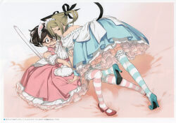 2girls 5pb. animal_ears apron aqua_collar aqua_dress aqua_shoes aqua_thighhighs artist_request bed bed_sheet biting biting_another&#039;s_clothes biting_clothes black_bow blonde_hair blue_bow blue_dress blue_ribbon blue_thighhighs blush bow cat_ears cat_tail clothes_pull collar dress fake_animal_ears frilled_apron frilled_collar frilled_skirt frilled_socks frilled_thighhighs frills from_behind fukuda_tomonori glasses hair_bow high_heels highres koujiro_frau layered_dress layered_skirt looking_at_viewer looking_back maid_headdress mary_janes mouth_hold multiple_girls multiple_hair_bows off_shoulder official_art on_bed open_mouth petticoat pink_collar pink_dress pink_thighhighs ponytail pulling_another&#039;s_clothes red-framed_eyewear red_shoes ribbon ribbon_in_mouth robotics;notes senomiya_akiho shoes skirt smirk smug socks straddling striped_clothes striped_socks surprised tail teasing teeth thighhighs thighs tongue twintails undressing undressing_another upper_teeth_only upskirt vertical-striped_clothes vertical-striped_socks white_apron
