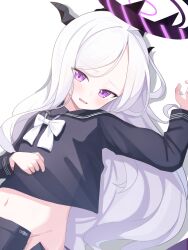 1girl black_halo black_horns black_sailor_collar black_skirt blue_archive blush commentary_request halo highres hina_(blue_archive) horns long_hair lying minamino_3730 navel on_back open_mouth purple_eyes sailor_collar school_uniform serafuku simple_background skirt solo unzipped white_background white_hair
