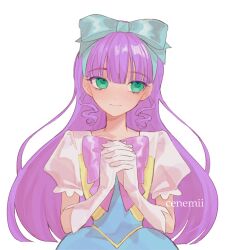 1girl absurdres blunt_bangs blunt_ends bow cenemii dress gloves hair_behind_ear hair_ornament highres hirogaru_sky!_precure interlocked_fingers long_hair looking_to_the_side precure princess_ellerein puffy_sleeves purple_hair smile solo standing very_long_hair white_gloves