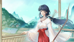 1girl absurdres black_hair bow hakama hakama_skirt highres inuyasha japanese_clothes jiegeng_zhuye kikyou_(inuyasha) knot looking_at_viewer miko mountain ponytail priestess quiver ribbon skirt solo upper_body