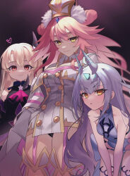 3girls akaneko016 animal_ear_fluff animal_ears ascot bare_shoulders black_dress blush breasts buttons cleavage coat detached_collar detached_sleeves double-breasted double_bun dress earrings fate/grand_order fate/kaleid_liner_prisma_illya fate_(series) forked_eyebrows garter_straps gloves hair_between_eyes hair_bun hair_ornament hat horns illyasviel_von_einzbern jewelry koyanskaya_(assassin)_(third_ascension)_(fate) koyanskaya_(fate) large_breasts layered_skirt long_hair long_sleeves looking_at_viewer melusine_(fate) melusine_(swimsuit_ruler)_(fate) melusine_(swimsuit_ruler)_(second_ascension)_(fate) multiple_girls one-piece_swimsuit one_side_up open_clothes open_coat pink_gloves pink_hair prisma_illya purple_skirt rabbit_ears red_eyes red_skirt short_dress sidelocks skirt small_breasts smile swimsuit tamamo_(fate) testament_(fate) thighhighs thighlet thighs very_long_hair white_coat white_dress white_hair white_hat white_one-piece_swimsuit white_thighhighs wide_sleeves yellow_eyes