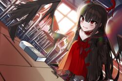 1girl black_boots black_serafuku blood blood_halo blood_on_clothes blue_archive boots breasts chair choker classroom cleavage desk eraser halo highres indoors liquid_halo long_hair pale_skin red_choker red_eyes renirum_14 school_chair school_desk school_uniform serafuku solo squatting trinity_general_school_logo tsurugi_(blue_archive)