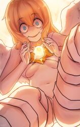 1girl angel angel_wings arms_at_sides backlighting blonde_hair blue_eyes breasts bright_background crazy_smile dot_nose energy_ball eyes_visible_through_hair feathered_wings from_below hair_between_eyes halo hexagram highres long_hair lucifina_(mon-musu_quest!) medium_breasts mon-musu_quest! mon-musu_quest:_paradox naked_ribbon navel open_mouth own_hands_together ribbon shaded_face smile solo star_(symbol) thighs to_kage_p white_ribbon white_wings wide-eyed wings yellow_halo