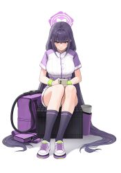 1girl absurdres baseball_jersey beer_tap blue_archive full_body halo highres jersey long_hair official_alternate_costume purple_halo sanj_illust simple_background smile solo sumire_(blue_archive) sumire_(part-time)_(blue_archive) very_long_hair white_background white_jersey