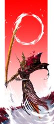 Rule 34 | 1girl, absurdres, amputee, armor, chain, closed mouth, covered eyes, elden ring, gold armor, helmet, helmet over eyes, highres, holding, long hair, malenia blade of miquella, mechanical arms, prosthesis, prosthetic arm, red hair, single mechanical arm, solo, sorage (f91 qhb0019), sword, valkyrie, weapon, winged helmet
