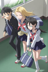 1boy 2girls aged_down arm_around_shoulder bag bags_under_eyes black_hair black_jacket black_pants blonde_hair blue_eyes blue_sailor_collar blue_skirt breasts buttons cleavage commentary_request commission earrings gakuran green_eyes hair_between_eyes hallway highres holding holding_bag ichikawa_masahiro indoors jacket jewelry kneehighs kuroki_tomoko&#039;s_father kuroki_tomoko&#039;s_mother leg_up long_hair long_sleeves looking_at_another looking_to_the_side lower_teeth_only medium_breasts miniskirt multiple_girls neckerchief pants pleated_skirt red_eyes red_neckerchief sailor_collar school_bag school_uniform serafuku shirt shoes short_hair shoulder_bag skeb_commission skirt small_breasts socks standing standing_on_one_leg surprised sweater teeth tied_sweater uwabaki walking watashi_ga_motenai_no_wa_dou_kangaetemo_omaera_ga_warui! white_shirt white_shoes white_socks window yellow_sweater yoshida_masaki&#039;s_mother