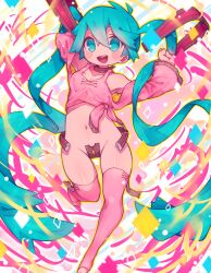 1girl arm_up blue_eyes confetti hair_between_eyes hatsune_miku highres long_hair looking_at_viewer open_mouth pink_thighhighs solo standing standing_on_one_leg thigh_blush thighhighs twintails very_long_hair vocaloid zudzuki