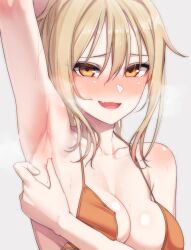 Rule 34 | 1girl, arm up, armpits, bikini, blonde hair, blush, breasts, cleavage, commentary request, fang, highres, large breasts, long hair, looking at viewer, love live!, love live! nijigasaki high school idol club, miyashita ai, nasuno (nasuno42), open mouth, orange bikini, ponytail, presenting armpit, simple background, skin fang, smile, solo, steaming body, sweat, swimsuit, white background