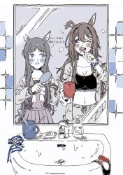 Rule 34 | 1koma, 2girls, animal ears, bad id, bad twitter id, bathroom, blue eyes, blush stickers, bow, unworn bow, bowtie, breasts, brushing hair, cleavage, collarbone, comic, commentary, cup, domino mask, el condor pasa (umamusume), grass wonder (umamusume), hair brush, highres, holding, holding hair brush, horse ears, horse girl, long sleeves, mask, unworn mask, medium breasts, midriff, mirror, motion lines, multiple girls, navel, one eye closed, oo sungnim, open pajamas, pajamas, partially colored, pleated skirt, reflection, sailor collar, sailor shirt, school uniform, shirt, sidelocks, sink, skirt, sleepy, speech bubble, sports bra, tail, toothbrush, toothpaste, tracen school uniform, translated, umamusume, winter uniform