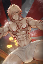 1boy abs absurdres arm_tattoo asa_ifrit_(asaifrit) blonde_hair chest_tattoo facial_tattoo gradient_hair hair_between_eyes highres honkai:_star_rail honkai_(series) male_focus multicolored_hair muscular muscular_male mydei_(honkai:_star_rail) navel nipples orange_hair pubic_hair red_tattoo solo stomach sweat tattoo towel_around_waist wet yellow_eyes