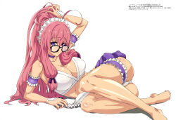 Rule 34 | 1girl, absurdres, ahoge, apron, arm up, breasts, choker, cleavage, copyright name, copyright notice, hair between eyes, highres, ideura shizuri (neet kunoichi), large breasts, long hair, looking at viewer, magazine scan, maid apron, maid headdress, megami magazine, neet de otaku na kunoichi to naze ka dousei hajimemashita, ninja, official art, pink hair, purple choker, purple eyes, scan, simple background, solo, takemoto kazuki, thigh strap, thighs, very long hair, waist apron, white apron, white background