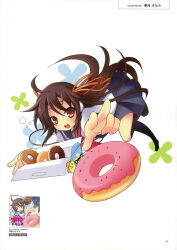 1girl 2000s_(style) absurdres ahoge blue_skirt blush box brown_hair donut exit_trance exit_tunes food hair_ribbon headphones highres icing irukawa_oruka long_hair official_art open_mouth ribbon scan school_uniform simple_background skirt solo sprinkles strawberry_icing sweets third-party_source white_background