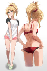 1girl ass back blonde_hair bra braid breasts butt_crack covering_crotch covering_privates dolphin_shorts fate/apocrypha fate_(series) female_focus full_body glasses green_eyes half_up_braid highres long_hair looking_at_viewer mordred_(fate) mordred_(fate/apocrypha) multiple_views panties parted_bangs pink_shorts ponytail red_bra red_panties short_shorts short_sleeves shorts sidelocks simple_background slippers small_breasts tonee underwear