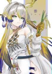 1girl arknights bare_shoulders bead_necklace beads blonde_hair breasts character_name closed_mouth collarbone dark_4arker dragon_girl earrings eastern_dragon_horns green_eyes highres holding holding_plant jewelry long_hair long_sleeves looking_at_viewer medium_breasts necklace plant pointy_ears rice_(plant) shirt shu_(arknights) smile solo strapless strapless_shirt tassel tassel_earrings tube_top very_long_hair white_tube_top