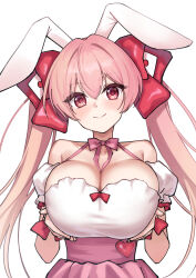 1girl absurdres animal_ears aoi_riko bow breasts cleavage commentary commission di_gi_charat hair_bow highres large_breasts long_hair looking_at_viewer pink_eyes pixiv_commission rabbit_ears rabbit_girl red_bow smile solo twintails usada_hikaru
