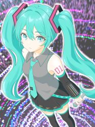 1girl absurdres aqua_eyes aqua_hair aqua_necktie bare_shoulders black_sleeves blue_eyes breasts detached_sleeves grey_shirt hair_between_eyes hair_ornament hatsune_miku highres long_hair looking_at_viewer majikichi915 necktie number_tattoo shirt simple_background skirt sleeveless solo tattoo thighhighs twintails vocaloid