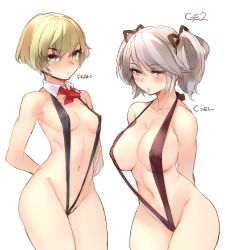 10s 2girls arms_behind_back bare_shoulders blonde_hair blue_eyes blush breasts ciel_alencon cleavage covered_erect_nipples detached_collar fran_francois_francesca_de_bourgogne god_eater god_eater_2:_rage_burst green_eyes hair_ribbon large_breasts multiple_girls naso4 navel ribbon short_hair simple_background slingshot_swimsuit small_breasts swimsuit twintails white_background