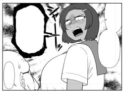 1boy 1girl aki_(amazon) amazon_(taitaitaira) angry bald breasts hair_ornament hairclip large_breasts looking_down monochrome open_mouth sailor_collar short_hair short_shirt standing sweat teeth textless_version