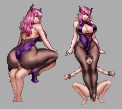 Rule 34 | 1boy, 1girl, ass, bare shoulders, between legs, breasts, buttjob, censored, clothed female nude male, cuffs, cum, demon girl, ejaculation, feet, femdom, footjob, full body, grey background, high heels, horns, huge ass, huge breasts, leotard, looking back, looking down, nude, original, panda-k, pantyhose, pink hair, playboy bunny, precum, red eyes, shackles, sitting, sitting on lap, sitting on person, size difference, small penis, squatting, tall female, trembling
