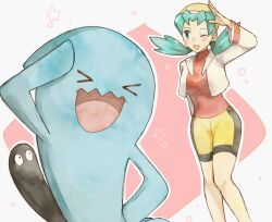 1girl ;d arm_up asuka_rkgk bike_shorts blush gen_2_pokemon green_eyes green_hair hat jacket knees kris_(pokemon) long_hair nintendo one_eye_closed open_clothes open_jacket open_mouth pokemon pokemon_(creature) pokemon_gsc red_shirt shirt smile star_(symbol) twintails wobbuffet yellow_hat