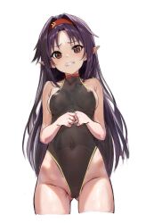 1girl black_leotard breasts commentary_request from_below gluteal_fold hair_intakes hairband highleg highleg_leotard highres huo_ji_wu leotard long_hair looking_at_viewer medium_breasts pointy_ears purple_hair red_eyes red_hairband simple_background solo sword_art_online white_background wince yuuki_(sao)