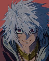 Rule 34 | brown background, close-up, dark-skinned male, dark skin, grey hair, hair between eyes, highres, male focus, medium hair, papaya0813, purple eyes, simple background, smirk, spiked hair, touzokuou bakura, yu-gi-oh!, yu-gi-oh! duel monsters
