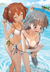 2girls absurdres areola_slip assisted_exposure beach bikini blue_eyes blue_sky blush braid breasts choppy_bangs cleavage closed_eyes clothes_pull cloud collarbone commentary_request contemporary day double-parted_bangs embarrassed feet_out_of_frame grey_hair highres kanne_(sousou_no_frieren) large_breasts lawine_(sousou_no_frieren) long_hair medium_hair multiple_girls navel notice_lines ocean open_mouth outdoors parted_lips pulling_another&#039;s_clothes red_hair sasasa_r_23 side-tie_bikini_bottom sky smile sousou_no_frieren sparkle standing stomach sunlight surprised swimsuit two_side_up untied_bikini v-shaped_eyebrows wading water water_drop wavy_mouth white_bikini