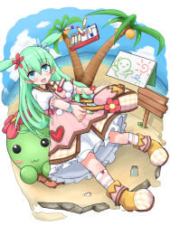 bag beach blue_eyes boots crayon dress emil_chronicle_online flower green_hair hair_flower hair_ornament highres long_hair looking_at_viewer ocean open_mouth palm_tree pet pink_dress senkyoku_niban shabotan_alma socks striped_clothes striped_socks tree two_side_up yellow_boots