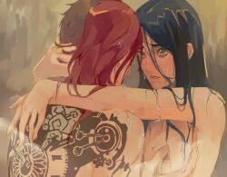 2girls arcane:_league_of_legends arcane_caitlyn arcane_vi arms_around_neck back_tattoo blue_eyes blue_hair breasts caitlyn_(league_of_legends) grabbing_another&#039;s_breast groping highres league_of_legends looking_at_another medium_breasts mmmeeaou multiple_girls nipples nude parted_lips red_hair tattoo undercut vi_(league_of_legends) wet wet_hair yuri