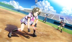arihara_tsubasa baseball baseball_base baseball_glove baseball_stadium baseball_uniform belt belt_buckle bike_shorts_under_skirt black-framed_eyewear black_belt black_footwear black_gloves black_hair black_pants black_shirt black_shorts black_skirt black_socks black_undershirt blue_shirt brown_hair buckle cinderella_series cloud crowd dutch_angle eyewear_on_head fingerless_gloves game_cg glasses gloves green_eyes green_hair grin hachigatsu_no_cinderella_nine hand_on_own_knee highres long_hair looking_ahead nakano_ayaka neckerchief non-web_source official_art outdoors over-rim_eyewear pants pink_neckerchief playing_sports pleated_skirt red_shorts round_eyewear satogahama_baseball_uniform semi-rimless_eyewear shirt shirt_under_shirt short_hair short_sleeves shorts skirt sky smile socks solo_focus sportswear standing striped_belt striped_clothes striped_shirt teeth umpire vertical-striped_clothes vertical-striped_shirt wristband